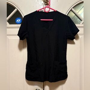 Women's Black V-Neck Short Sleeve Top with Front Pockets